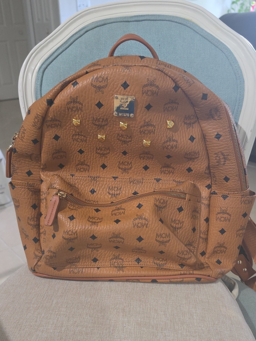 MCM Cognac Visetos Logo Backpack with Gold Hardware